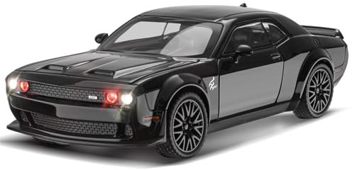MODVKVK Dodge Challenger 1:32 Modèle Voiture Miniatures en Métal Moulé sous Pression, avec Son et Lumière, Voiture Jouet Hellcat avec Fonction de Retrait pour Enfants à Partir de 3 Ans (Noir)