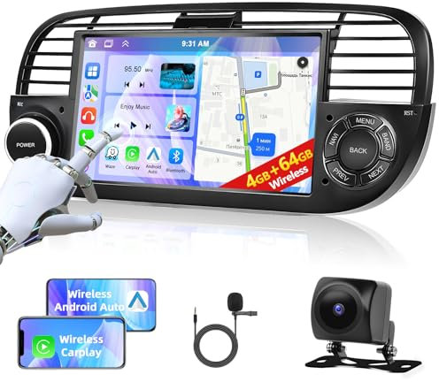 4+64G Carplay Autoradio per F-iat 500 2008-2015 con Wireless Android Auto, Motorsi Bluetooth Car Stereo Schermo Android 13 con GPS/WiFi/RDS/FM/SWC/USB/Mirror Link+AHD/CVBS Telecamera Posteriore + Mic