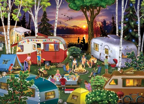 Vermont Christmas Company Vintage Campers Jigsaw Puzzle - 1000 Piece - Camping Puzzles for Adults & Families - Fully Interlocking & Randomly Shaped Pieces - 26 5/8 x 19 1/4