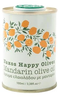 Naxos Happy Olives - Huile d'Olive Infusée à la Mandarine - à partir d'Huile d'Olives Extra Vierge grecque - Bouteille de 0.1L/100mL avec bec verseur - Récoltées à la Main à Naxos (Cyclades)