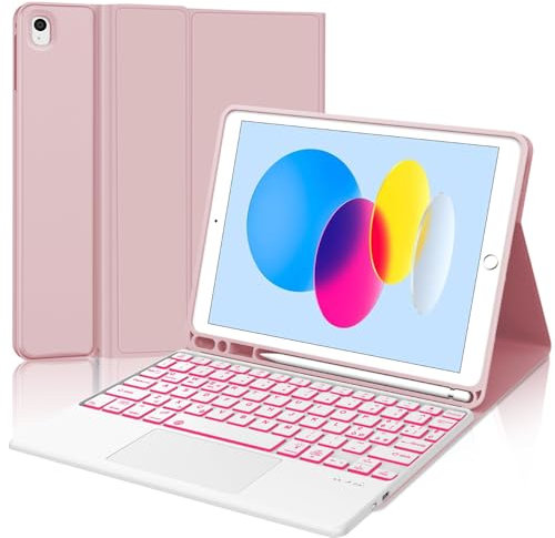 Clavier pour iPad A16 11/10 Génération (2025/2022) avec pavé tactile, coque avec clavier pour iPad 11 Gen 11 Pouces/10 Gen 10.9 Pouces, Bluetooth Magnétique Rétroéclairage QWERTY Keyboard, Rose