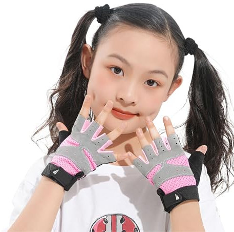 TINAYAUE Guanti da ciclismo estivi per bambini, traspiranti, protezione UV, antiscivolo, antiurto, mezze dita, per equitazione, ciclismo, pattinaggio a rotelle, allenamento sportivo (rosa, M)