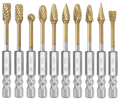 Saipor 10Pcs Titanium Tungsten Carbide Burr Set for Die Grinder Bits, 1/4 Quick-Change Shank, Head Dia 6mm, Metal Wood Stone Steel Grinding Deburring Cutting Porting Carving