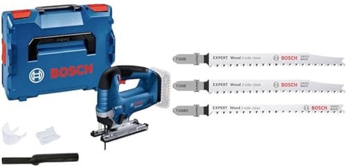 Bosch Professional 18V System Cordless Jigsaw GST 18V-125 B + 3X Expert Wood 2-Side Clean Jigsaw Blade Set (for Solid Wood Furniture Board, Plywood, Length 117 mm)