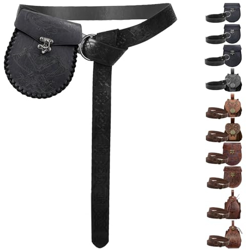 YOUYIKE Mittelalter Schwarz Geprägter Vintage Kunstleder Wikinger Gürtel & Seitentasche Set, PU-Leder LARP Kostüm Gürtel für Wikinger Piraten Hexe Ritter Renaissance
