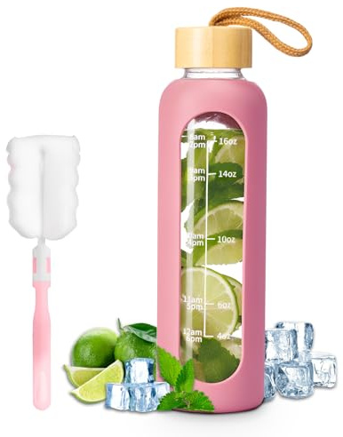 FrutPunch Trinkflasche Glas 500ml für Büros und Fitnessstudios (Rosa) | mit Zeitmarkierung und Silikonhüllen, Gratis Tassenbürste, Geeignet für Fitnessstudios, Büros und den Außenbereich