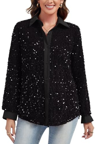 Kyzoeyou Womens Sequins Blouses Long Sleeve Botton Down Shirts Cotton Lapel Sparkly Party Shirt Ladies Casual Evening Tops