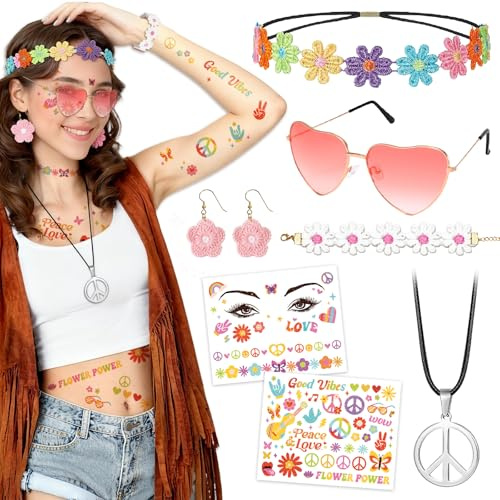 Hippie Kostüm Damen, Faschingskostüme Damen Hippie Accessoires, 6 Stück 70er Jahre Bekleidung Zubehör, Flower Power Accessoires, Gesichtstattoo, Peace Kette, Brille (Böhmen Stil)