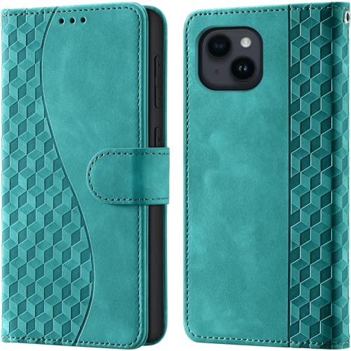 Wallet Flip Case for iPhone 15 Plus Leather Turquoise | RFID Blocking, 3 Card Slots & 1 Cash Pocket, Magnetic Closure, Kickstand, PU Leather Flip Cover for iPhone 15 Plus