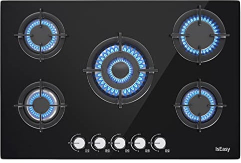 Piano Cottura Gas 5 Fuochi, 10500W, Bruciatore Rapido, Bruciatore Wok, Precisa Regolazione della Fiamma, Sicurezza Sicurgas, 730x480cm