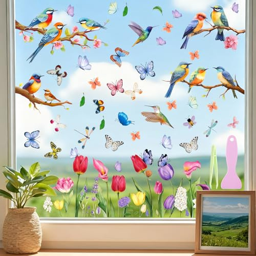 AMFUN 9 Blatt Fensterbilder Frühling Deko Selbstklebend, Fenstersticker Selbstklebend, Vogel Blumen Aufkleber Fenster, Vogel-Fensteraufkleber zum Schutz gegen Vogelschlag