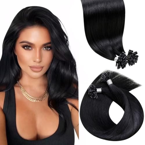 LaaVoo Schwarz Echthaar Extensions mit Keratin Bondings Invisible Extensions Echthaar Bondings 50cm #1 Schwarz Bonding Extensions Echthaar U Tip Pre Bonded 1g/s 50G