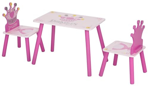 Qaba 3-Piece Kids Wooden Table and Chair Set with Crown Pattern Gift for Girls Toddlers Arts Reading Writing Age 2-4 Years Pink