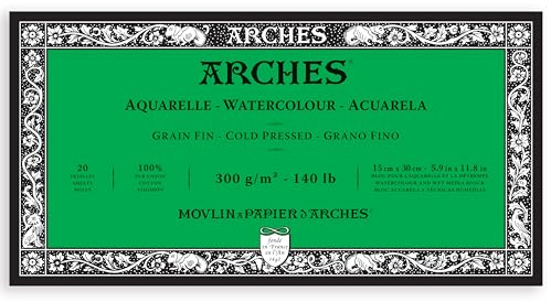 Arches Aquarelle Watercolor Block, Cold Pressed, 140lb/300gsm, 20 Sheet, 5.9x11.8 inch, Arches Watercolor Paper 100% Cotton