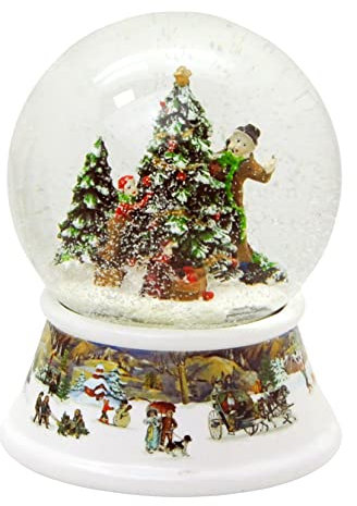 Schneekugel Weihnachtsbaum schmücken | Nostalgie mit Porzellansockel romantische Winterlandschaft mit Spieluhr | Durchmesser 100mm | 20190