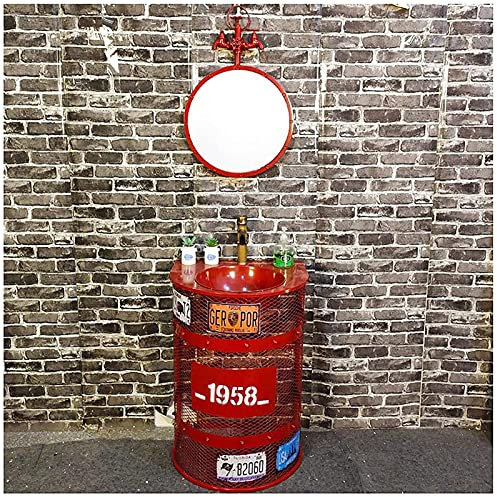 Rangement Meuble lavabo evier,Lavabo Industriel Iron Art Meuble Salle de Bain de Style Loft de Deco pour Bar KTV Cyber Café Porte-essuie-mains Style Industriel (Red,With mirror)