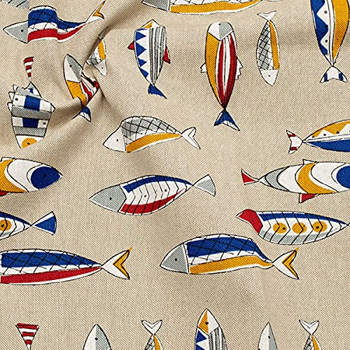 STOFFKONTOR Dekostoff bedruckt Halbpanama Leinen Optik Seafood - Öko-Tex Standard100 - Meterware, Farbe Natur - zum Nähen von Tischwäsche, Kissen, Vorhängen, Dekoartikeln uvm.