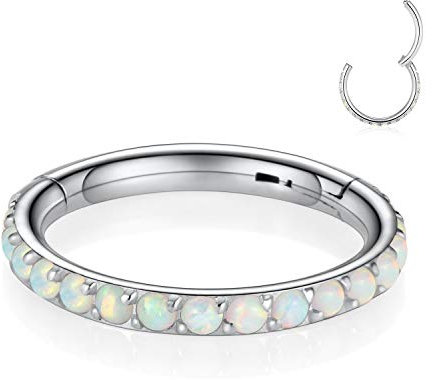 AROWRO Septum Clicker Nase Hoop Ring Daith Helix Tragus Turm Ohrring Helix Daith Piercing Schmuck Knorpel Creolen Helix Ring Helix Daith Schmuck Helix Hoop 16G 8mm Silber Weiß Opal eingelegt