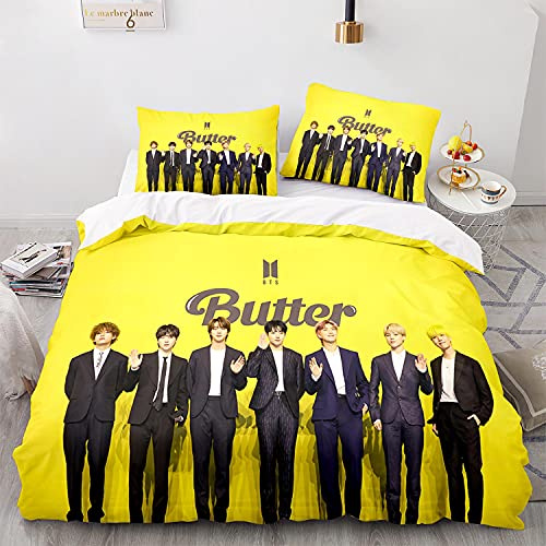 NICHIYOBI Butter BTS Bangtan Boys Bettbezug Bettwäsche Set - Bettbezug und Kissenbezug,Mikrofaser,3D Digital Print dreiteiliger Bettwäsche (22,Single 135x200cm+80 * 80cm)