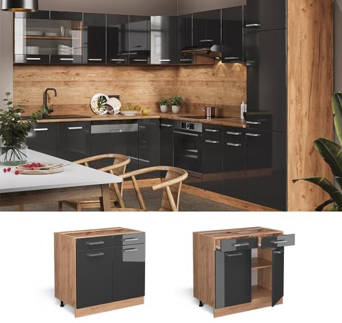 Vicco Küchenunterschrank R-Line, Anthrazit Hochglanz/Goldkraft Eiche, 80 cm ohne Arbeitsplatte