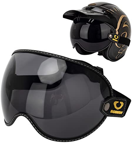 Retro Motorcycle Helmet Visor Bubble Shield, Goggles Lens with Elastic Universal For Cafe Racer Full 3/4 Open Face Motorbike Helmet (Smoke)