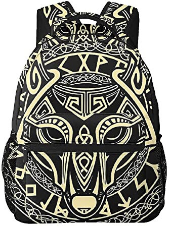 3D Druck Wikinger Rucksack für Männer, Nordische Mythologie Reisetasche Schultasche Jungen Mädchen Mode Computer Tasche,Fenrir Wolf,One Size