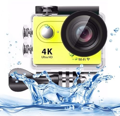 Action Camera 4K Ultra HD 1080P 12MP 2 inch LCD Screen WiFi Sports Camera, 170 Degrees Wide Angle Lens, 30m Waterproof, Remote Control, Rechargeable Batteries and Accessories Kit (Yellow)