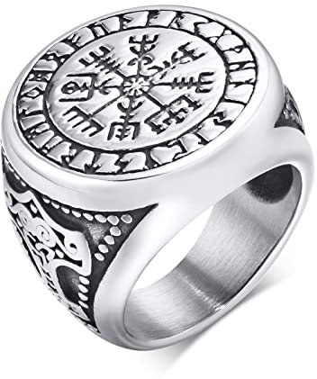 VNOX Rings Herren Siegelring Compass Thor's Hamme, Punk Gothic Ringe Amulet Celtic with Rune Symbol/Viking Vegvisir Vintage Schmuck Geschenk Accessories, Stainless Steel Rings for Men(Silver, 08)