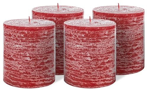 Brandsseller 4er Set Stumpenkerzen 9x10 cm – durchgefärbt & aus Paraffin – rustikale Kerzen mit langer Brenndauer – Dekokerzen für Tischdeko, Weihnachten & Feste – Bordeaux