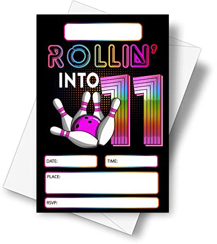 DETIHO E63 Einladungskarten zum 11. Geburtstag, mit Umschlägen, 10,2 x 15,2 cm, Retro-Bowling-Party-Einladung, 20 Sets