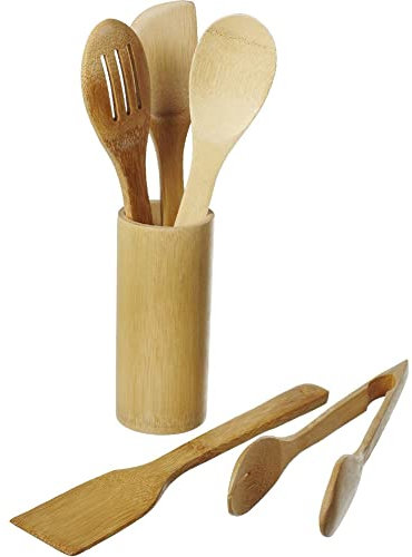 BAKAJI Set 6 Utensili da Cucina con Supporto Porta Mestoli Verticale, Spatole in Bamboo con Angoli Ricurvi Antigraffio, Design Vintage, Durevoli e Ideali per Servire Cibi e Aperitivi