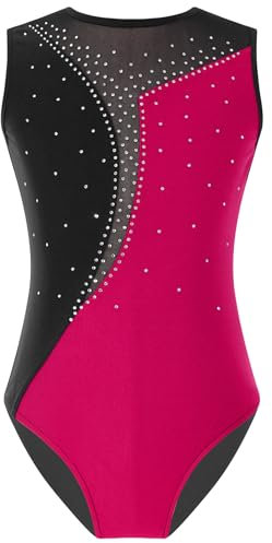 TTAO Gymnastikanzug Mädchen Kinder Ärmellos Gymnastik Trikot Turnanzug Trikotanzug Tanz Gymnastik Dancewear Atmungsaktiv Schnell Trocknend 5-16 Jahre Hot Pink 170-176