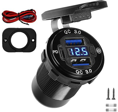 Dual USB QC3.0 and PD 12V 55W 3 Port Fast Charging Charger Socket with Switch LED Voltmeter, Type C Car Charger Adapter Power Outlet for Motorcycle Car Boat Camper