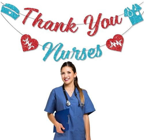 Banner „Dankeschön-Woche der Krankenschwestern“, rot-blau glitzernd, Glückwunsch-Girlande zum Krankenschwester-Abschluss 2025, Woche der Anerkennung für Krankenschwestern, Arztschule, Tag der Krankenp
