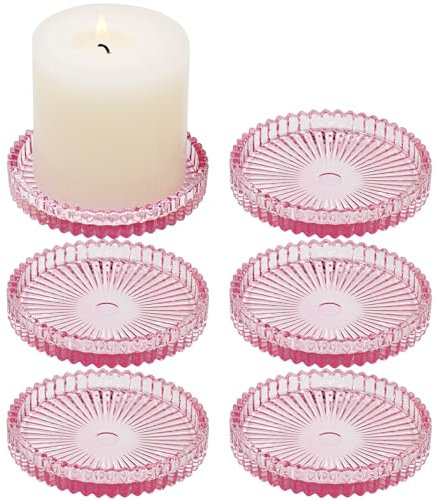 HofferRuffer Glass Pillar Candle Holder,Candle Plate Candle Holders for Pillar Candles, Christmas Halloween Table Centrepiece Home Decor Party Wedding Decorations,Pink 6pcs
