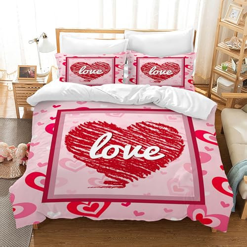 HZVRTN Bettwäsche 3D Rot Rose Bettbezug Set mit Reißverschluss und 2 Kissenbezug, Mikrofaser Kreative Rose Bettwäsche Set 3 Teilig für Erwachsene Kinder (Love, 135x200cm)