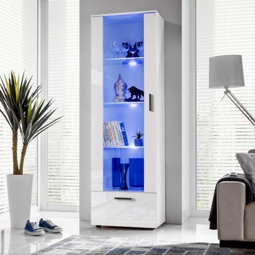 Komodee, Vitrine Armoire Alessandria, Blanc Blanc, Largeur 60 cm x Hauteur :192 cm x Profondeur 42 cm, LED Bleues, 3 étagères, pour Salon, Chambre, Entrée