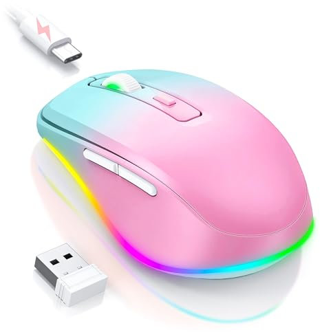 seenda Souris sans fil LED rechargeable sans fil avec souris Jiggler, silencieuse 2,4 G USB pour ordinateur portable, ordinateur sans fil DPI 2000 éclairée pour PC, Windows, Mac OS (bleu-vert et rose)
