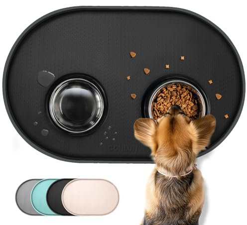 Conlun Tapis Gamelle Chat avec Rebords Surélevés de 1,2 cm pour Contenir Les Déversements, Tapis Gamelle Chien en Silicone sans BPA pour Gamelles d'eau et de Nourriture pour Animaux(Noir,81x51 cm)