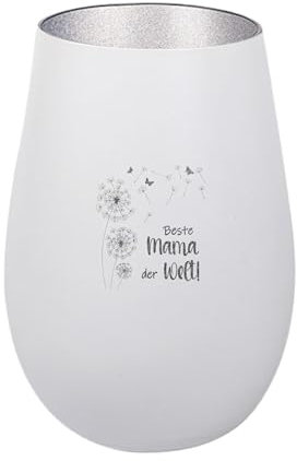 Der-Porzellan-Laden Windlicht mit Gravur Beste Mama der Welt, Weiß Silber, Teelichthalter aus Glas mit Spruch, Tischdeko modern