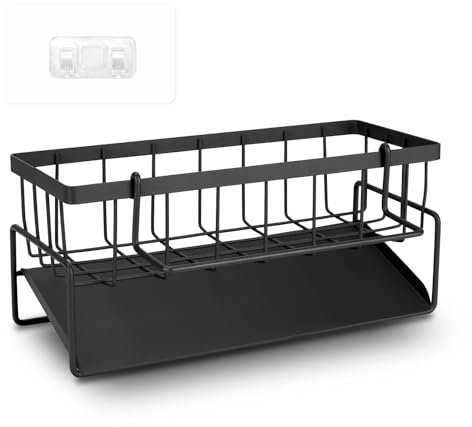 Mulaibdin Organizador Fregadero Cocina, Porta Estropajos Fregadero con Ganchos y Toallero, Soporte Esponja Fregadero Acero Inoxidable para Cocina y Baño, Vaciado Automático(Negro)