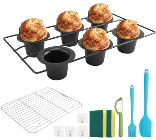 AZSEUOR Tiefe Popover-Pfannen zum Backen, professionelle Materialien, 6 Tassen, antihaftbeschichtet, stabil, Muffinformen, Sets mit 7 Pfannenwendern, Schäler, Backpinsel, Backregal, Reinigungspad,