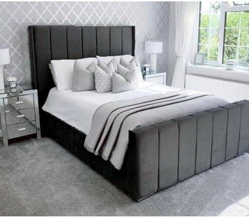 Furnishion Ottoman Bed - Steel/Dark Grey Double Bed with Storage in Plush Velvet - Upholstered Panel Bed - Mattress Not Included