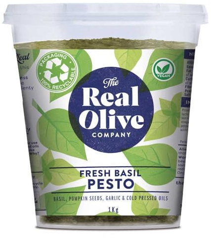 Real Olive Co – ‘Fresh Basil Pesto’ (Net 1kg). Deli Fresh Italian Basil Pesto Sauce. Cold Pressed Oils. Vegan & Nut Free.