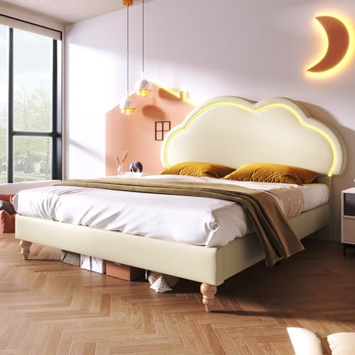Merax Kinderbett Polsterbett 160x200cm, LED Doppelbett Bettgestell mit Lattenrost & Verstellbares Kopfteil, Wolke Kopfbrett, süßes Jugendbett Mädchenbett, stabil Bettrahmen, PU, ohne Matratze, Creme