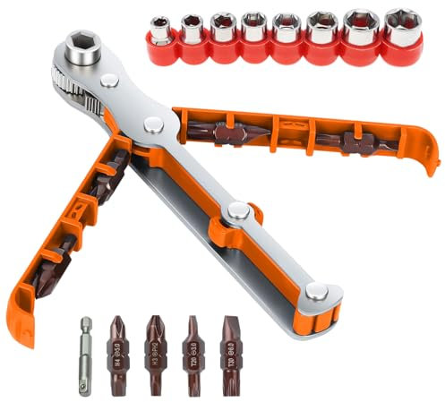 14PCS Right Angle Ratcheting Screwdriver Set with Double-sided bit Storage, 1/4” 90 Degree Offset Screwdriver Low Profile, 36-Tooth Magnetic Mini Ratchet Wrench for Tight Space,Men Gifts EDC Tool