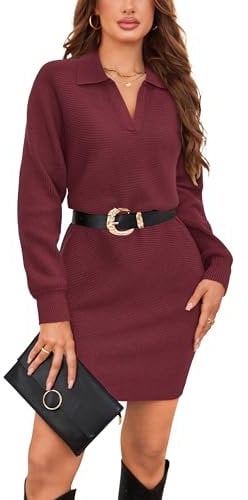 Arach&Cloz Jumper Dress for Women UK Long Sleeve Winter Knitted Dresses Sweater Without Belt (Red,M)