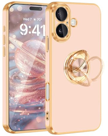 Fingic for iPhone 16 Plus Case[with 360°Ring Holder][Support Magnetic Car Mount]Cute Kickstand Slim Women Girls Nonslip Hard PC Soft TPU Rugged Bumper Protective Case for iPhone 16 Plus,6.7Rose Gold