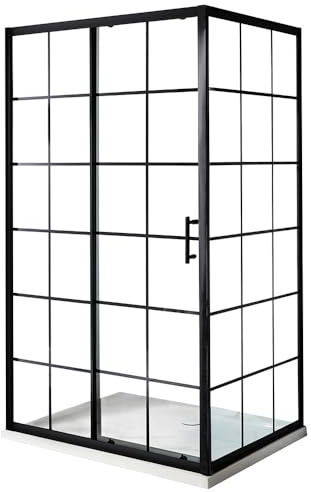MILANO Black Grid Sliding Door Shower Enclosure White Tray 1000 x 900mm | Toughened Glass Panels. Aluminium Profile. Contemporary Style. Framed Design. Corner Installation. White Tray & Waste.