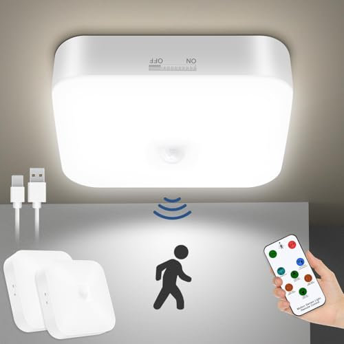 Toowell 2PCS Plafonnier LED avec Détecteur de Mouvement, Plafonnier Sans Fil avec Télécommande 5000K Plafonnier Rechargeable Lampe de Plafond pour Salle de Bain Balcon Couloir Garage